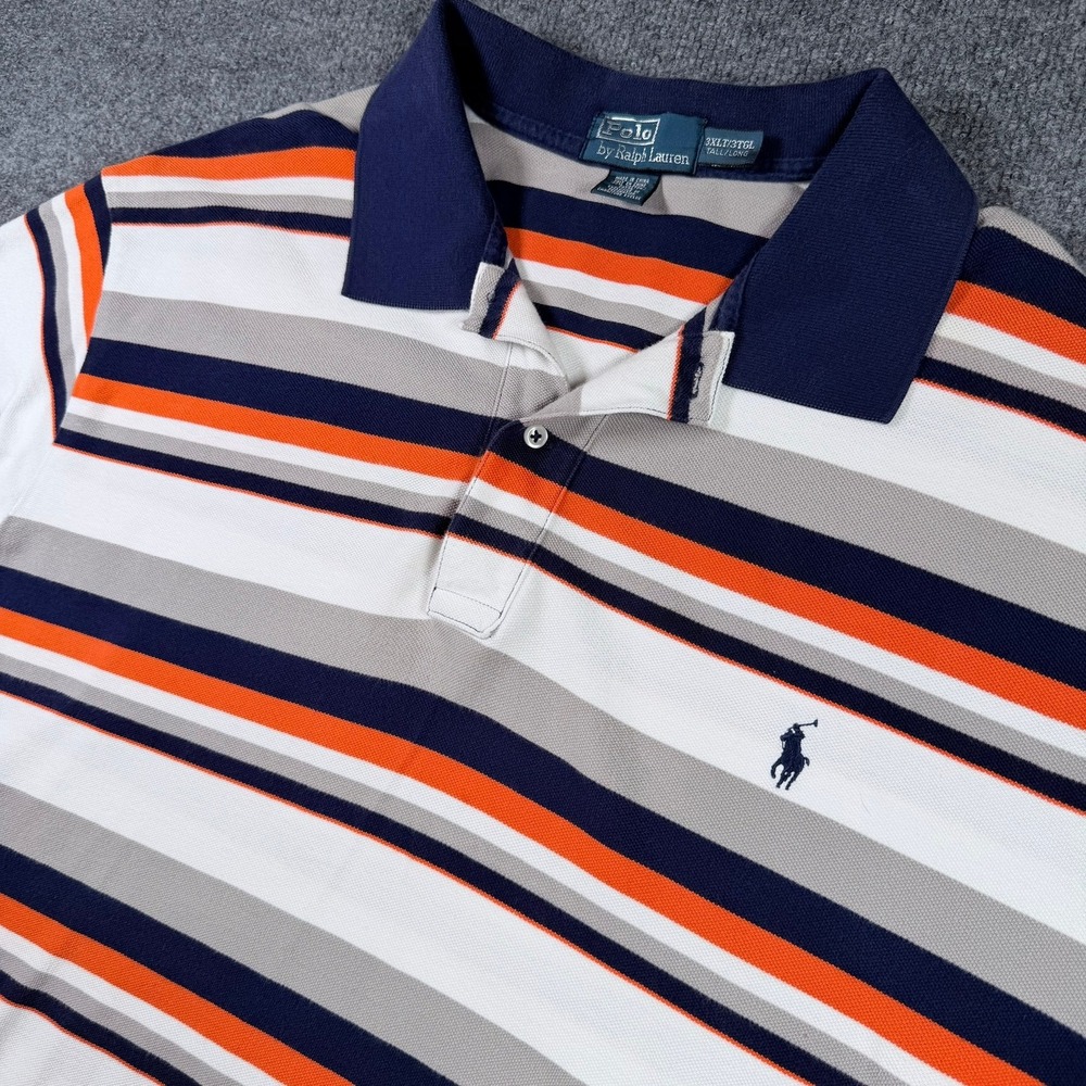 Polo Ralph Lauren Polo Shirt Mens 3XLT Orange Navy White Striped Pique Tall